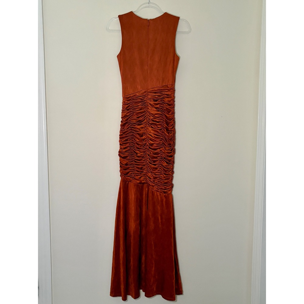 Dress The Population Rust Copper Ruched Sleeveless Mermaid Maxi Gown Dress Small